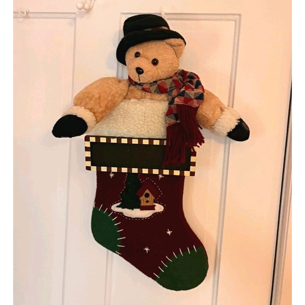 VTG Fairview Teddy Bear Christmas Stocking Plush 3D with Chalkboard Name Plate